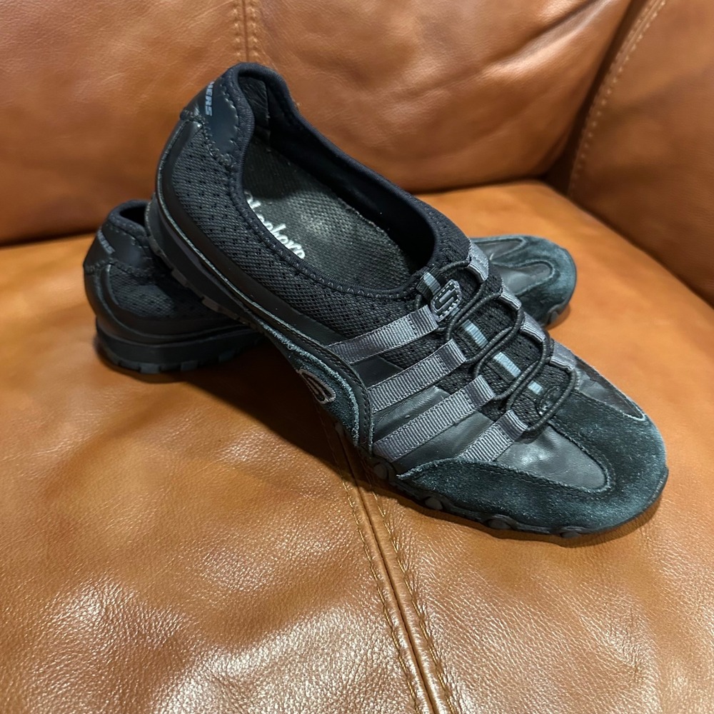 Skechers Sneakers Women Black Leather Textile Bungee Techwear Y2K Shoes 8.5